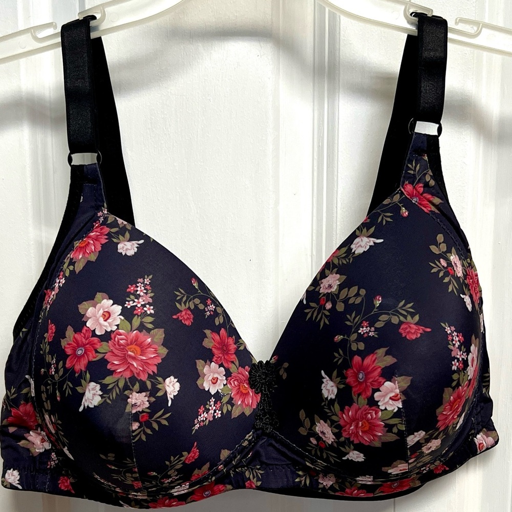Prima Valentina Floral Bra in Black with Pink Blossoms Size 42D